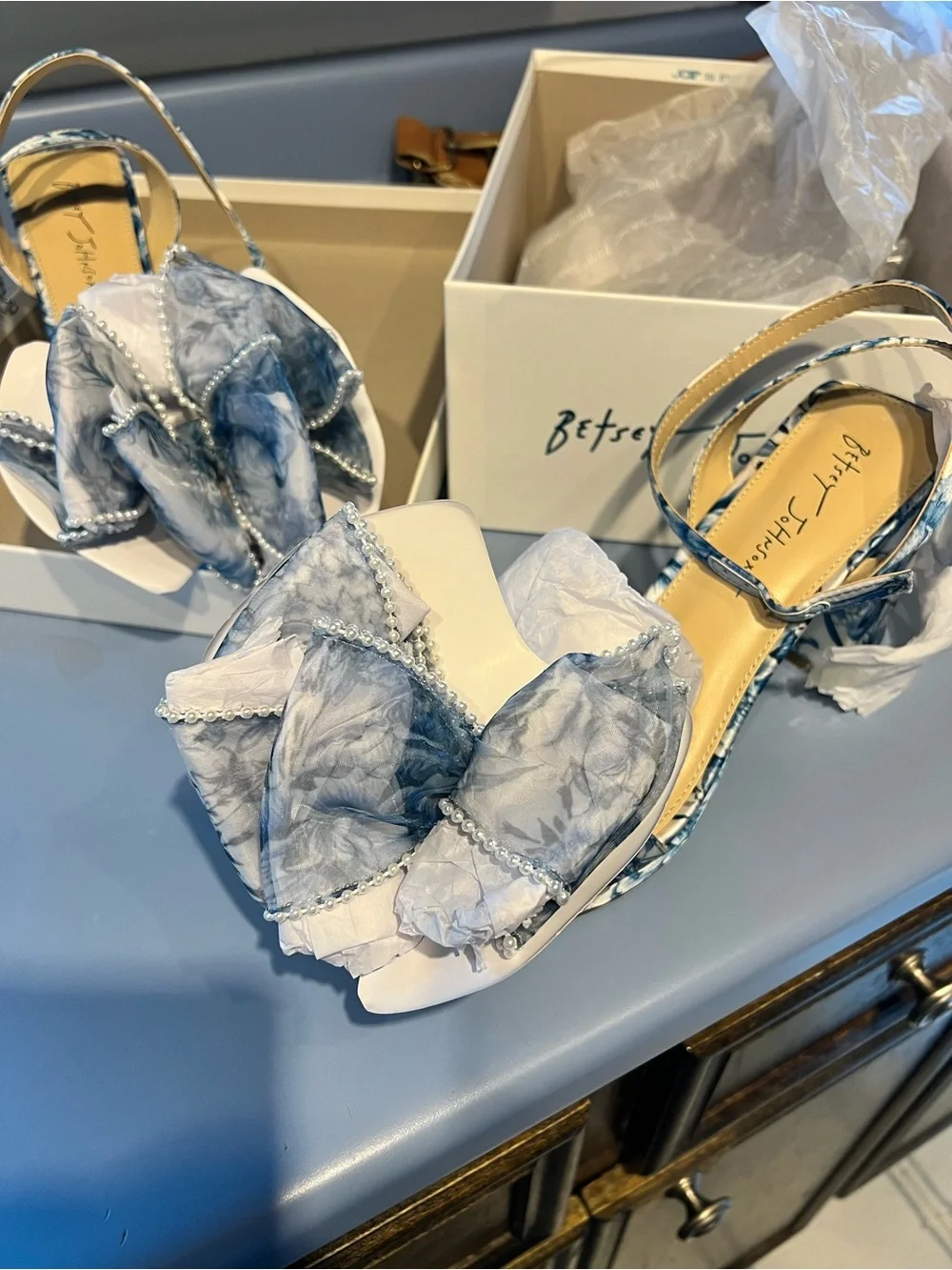 Betsey Johnson Blue Floral Bow Ankle-Strap Heels - Picture 5 of 5